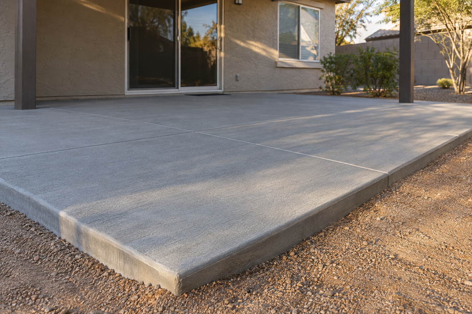 Finished backyard patio slab with a broom finish and clean saw-cut joints