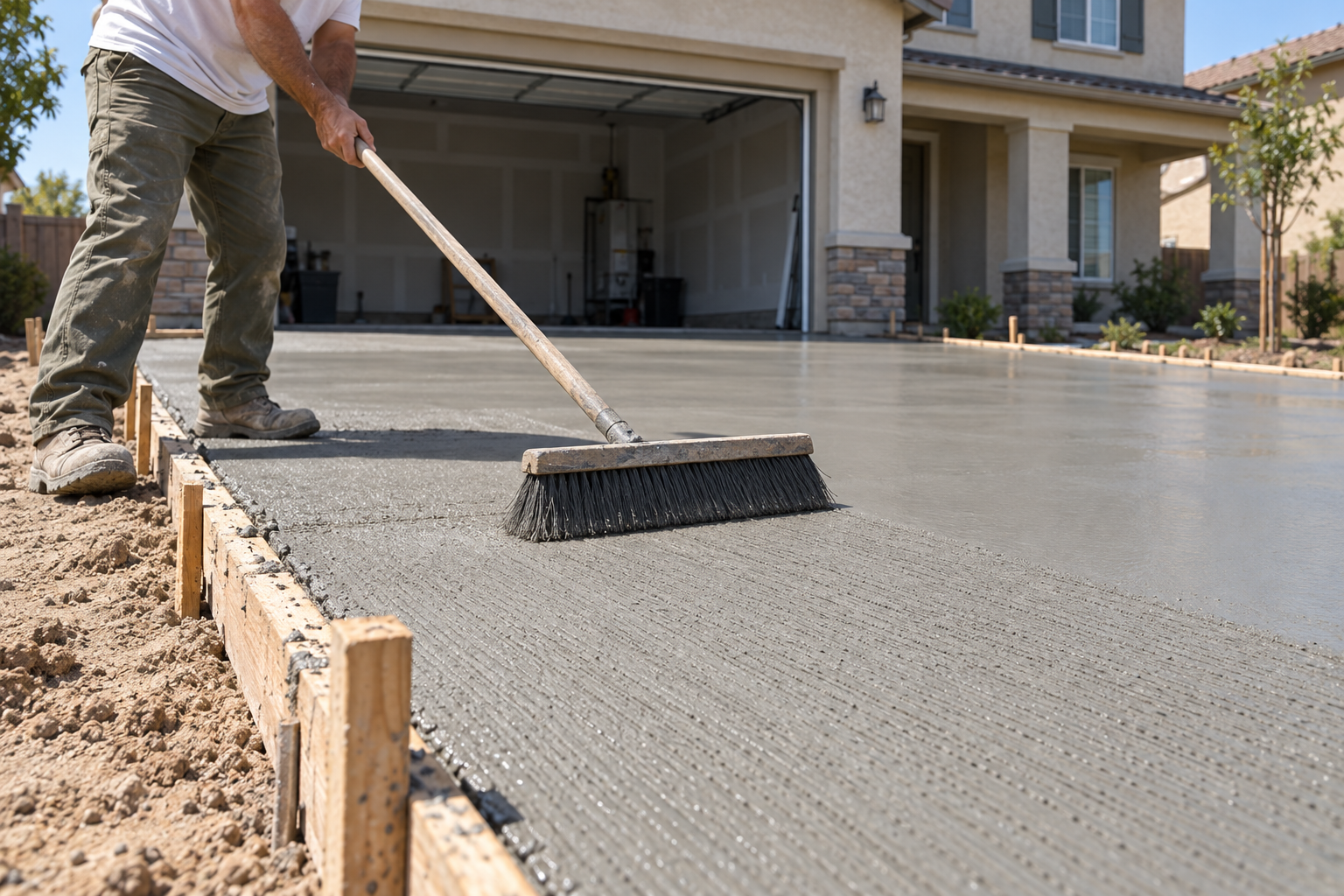 Broom finish being drawn across a freshly poured driveway inside wooden forms