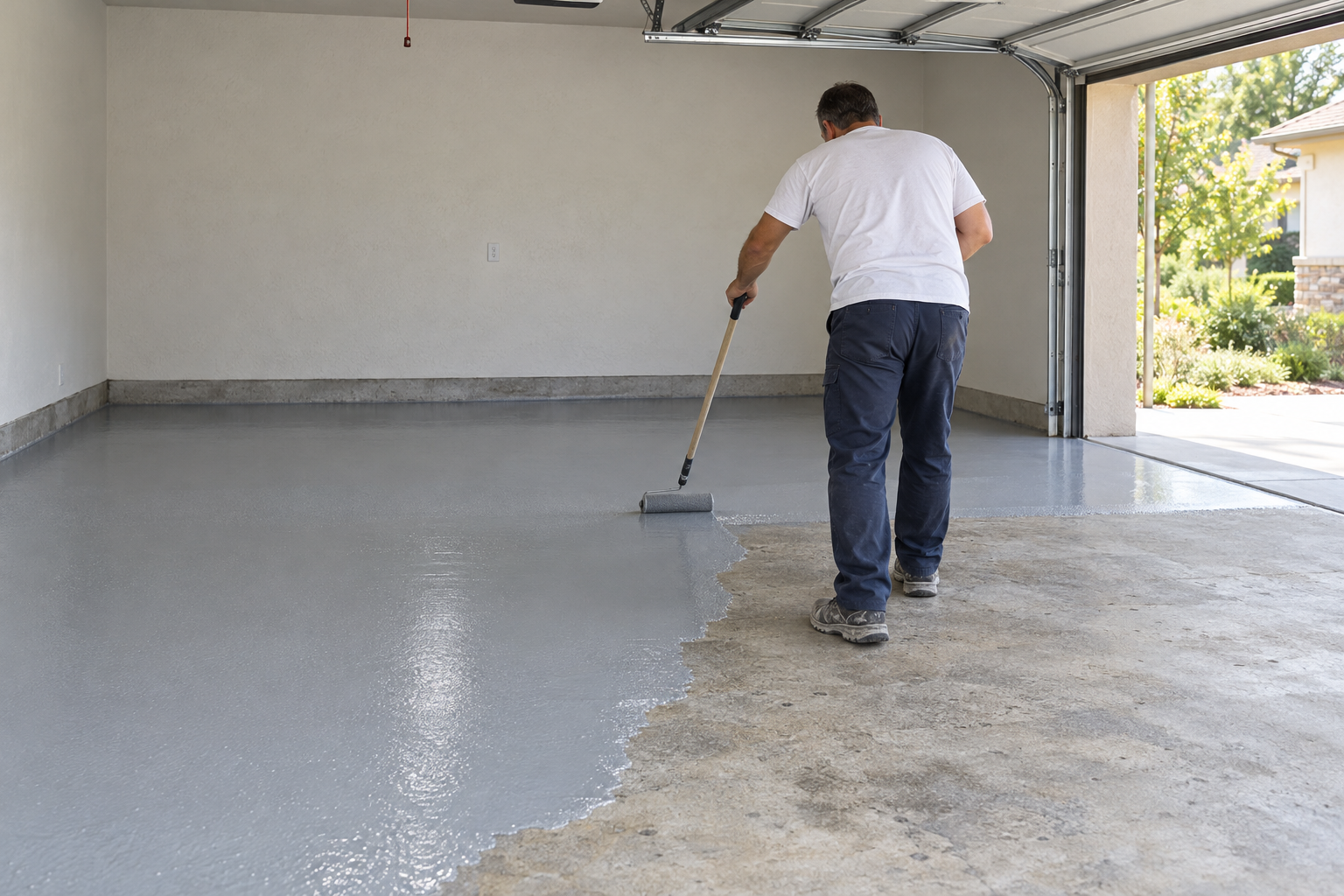 Garage floor half coated, a roller spreading pale coating toward the open door