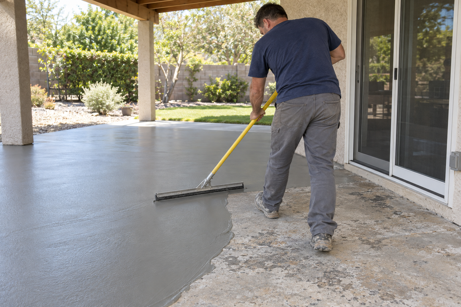 Squeegee spreading a thin overlay across a worn patio slab