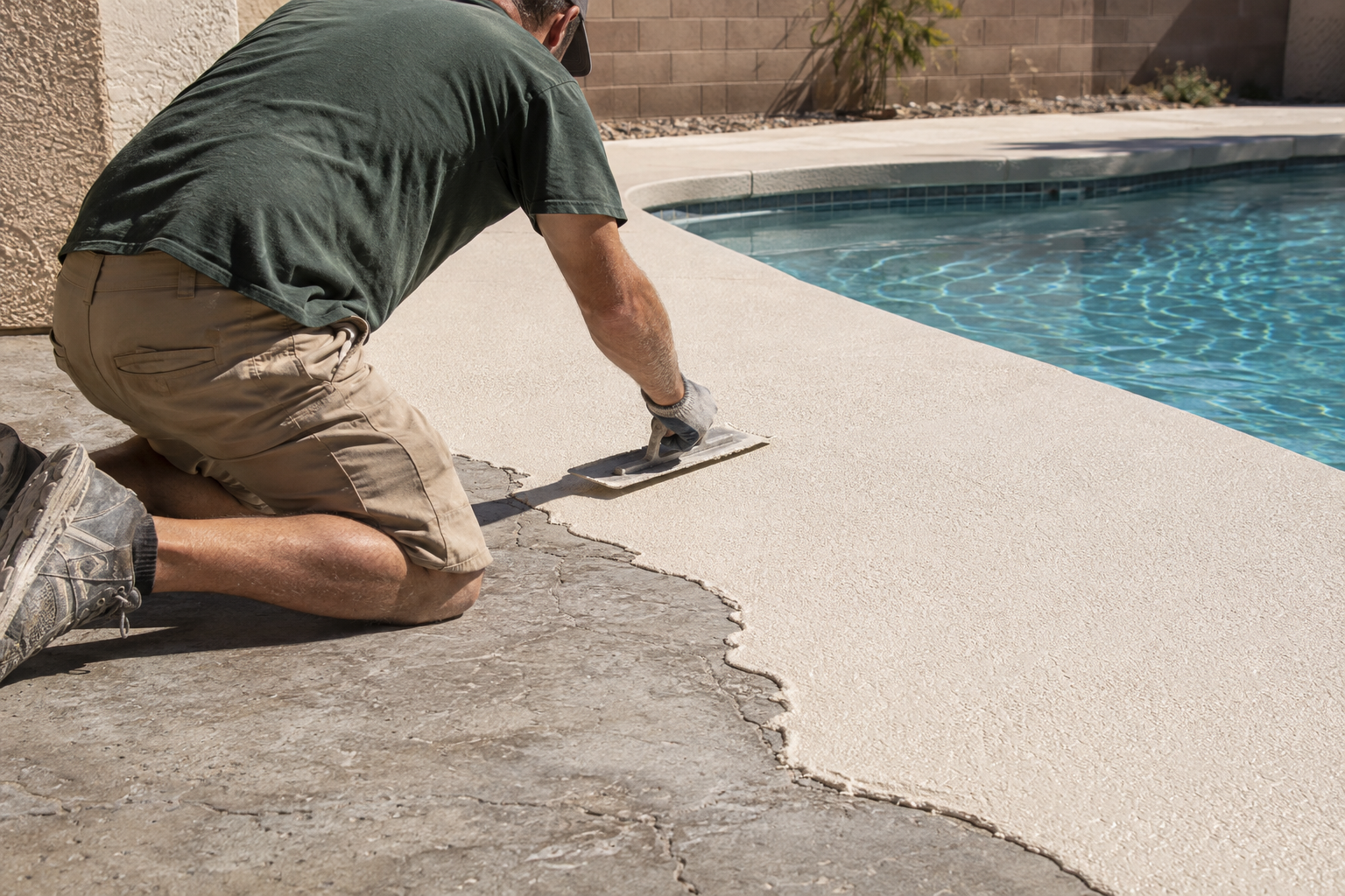 Trowel spreading a pale textured overlay onto an old pool deck beside the water