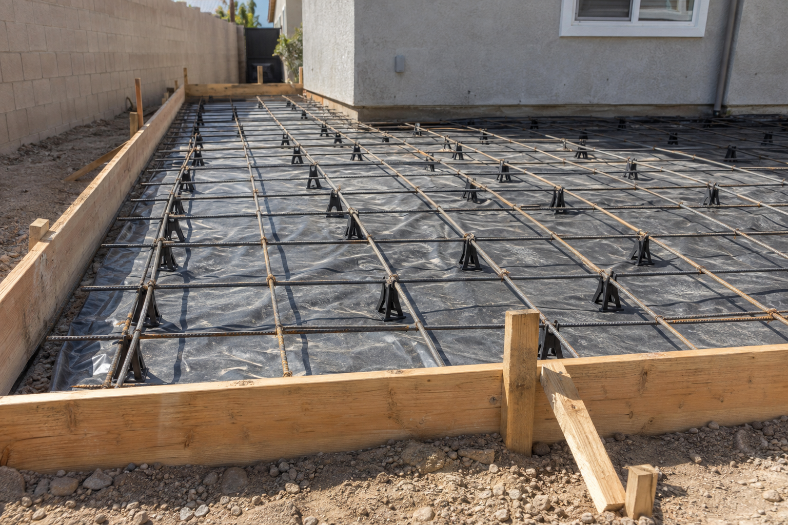 Rebar grid on chairs over a plastic vapor barrier inside wooden forms before a pour
